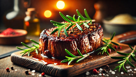 A perfectly seared steak with a caramelized crust, garnished with rosemary and served on a wooden board, showcasing the results of searing at 1,000°F.