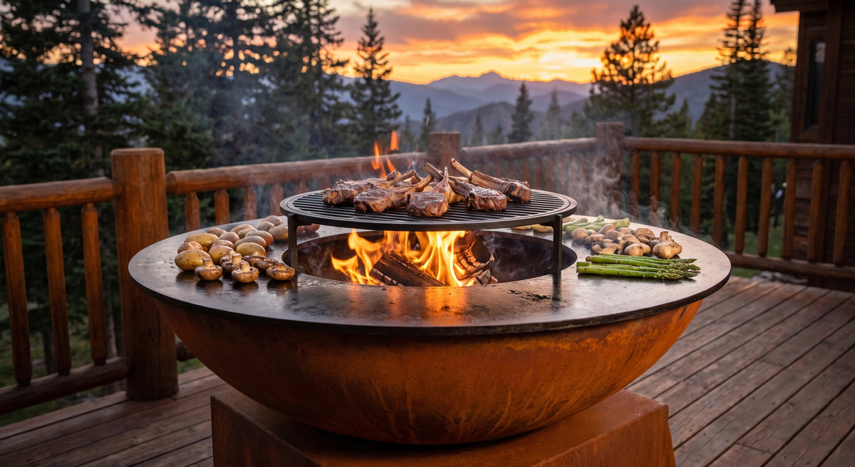 Arteflame wood-fired flat-top grill with round Corten steel base: Steel Grates vs Griddle