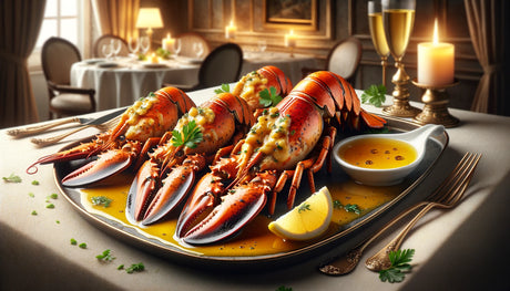succulent grilled lobster tails drizzled with a rich, golden melted butter sauce