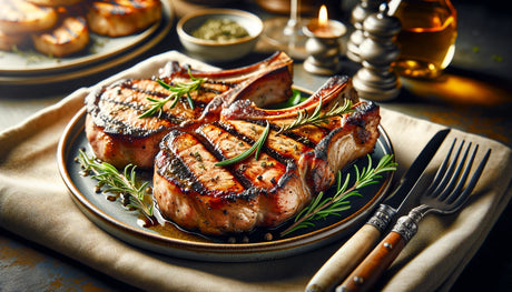 succulent grilled pork chops, beautifully plated and garnished with fresh rosemary and thyme