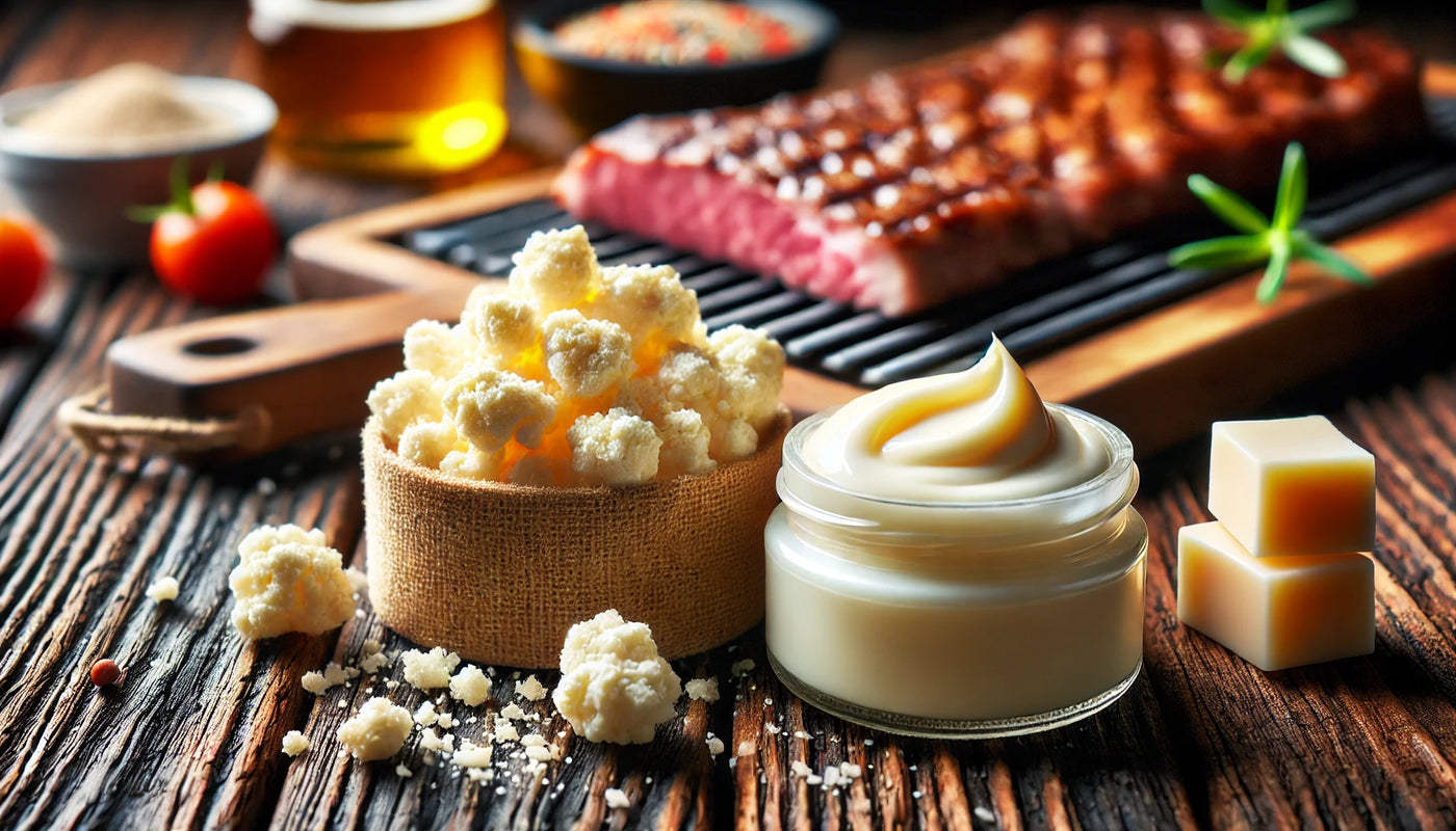 Close-up of suet and tallow on a wooden surface, showcasing their textures and uses for grilling, with grilled meat and vegetables in the background.