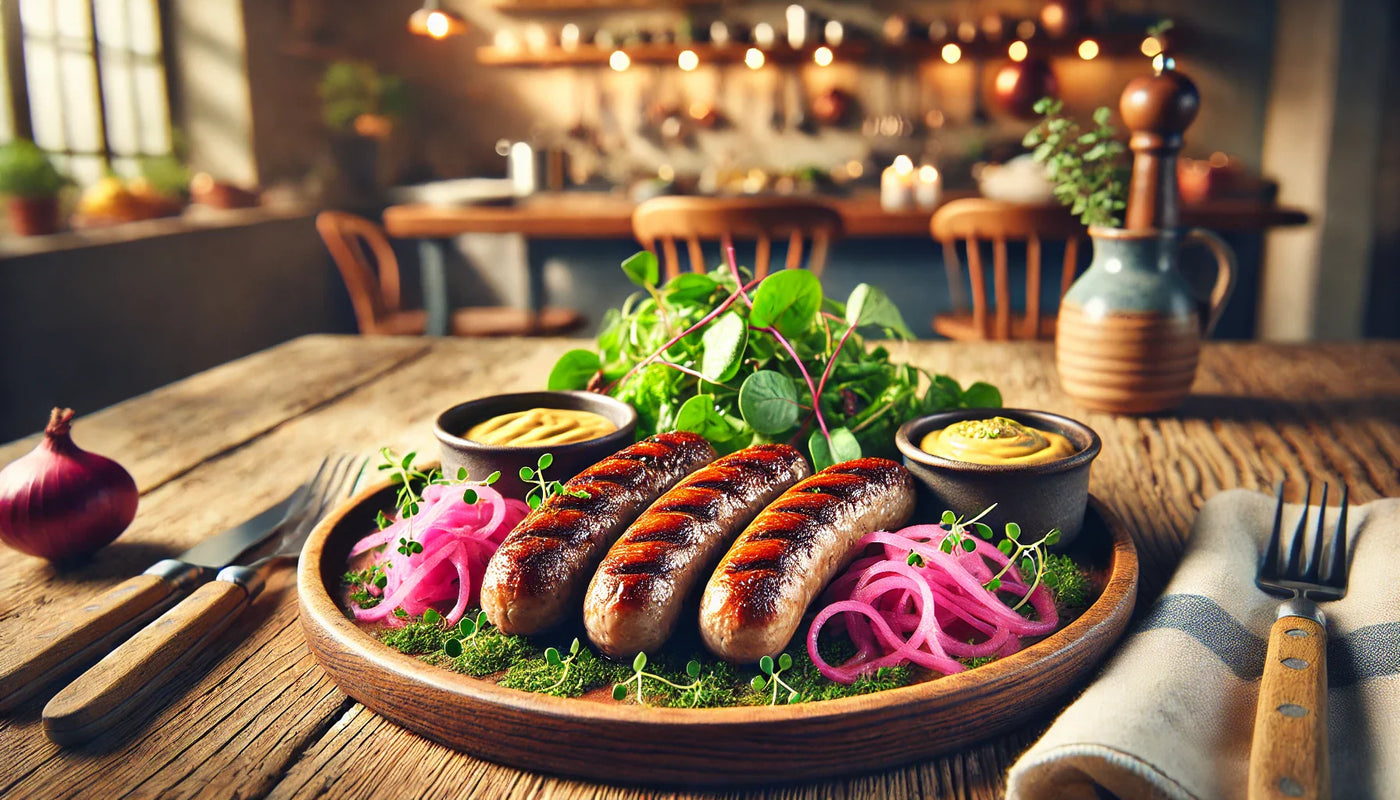 Swedish Beef Sausage on the Grill with Pickled Red Onion