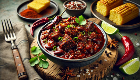 Texas-Style Chili Con Carne, served with fresh cilantro and lime wedges, alongside grilled cornbread