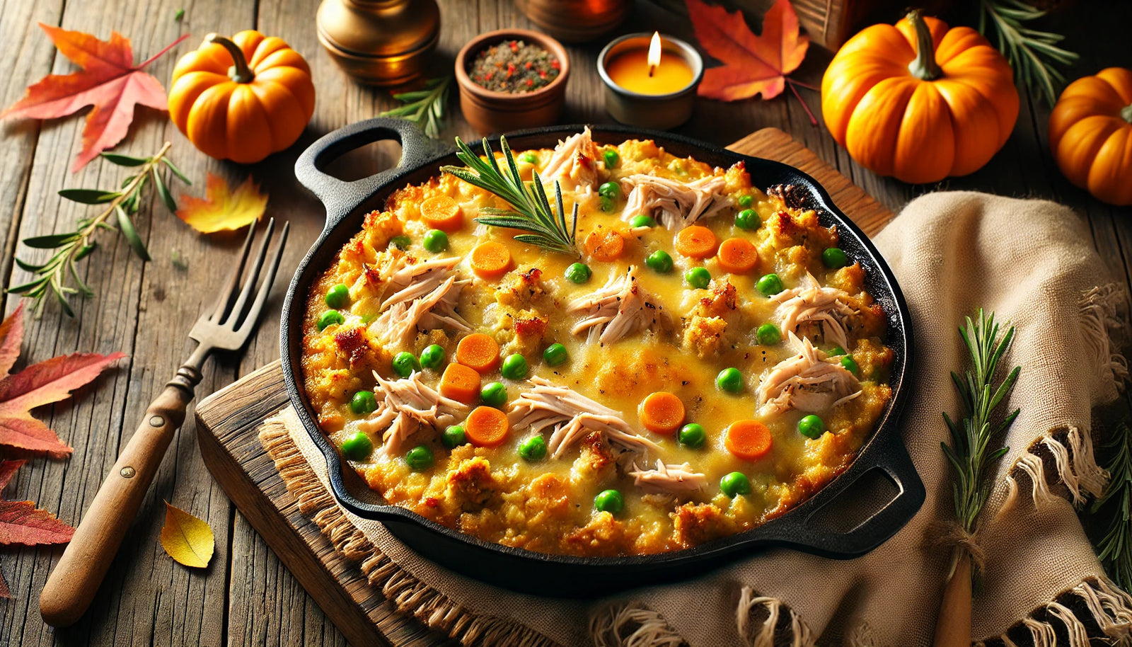 A cozy Thanksgiving turkey casserole with stuffing and veggies, cooked on the Arteflame