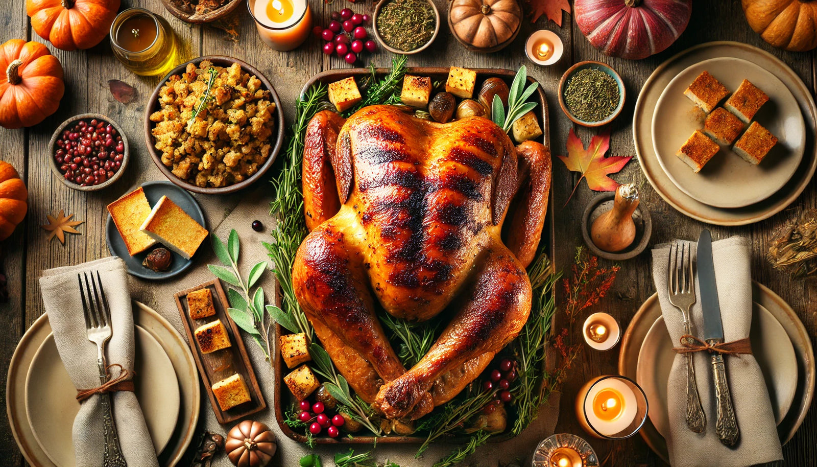 A perfectly grilled Thanksgiving turkey with pork and sage stuffing