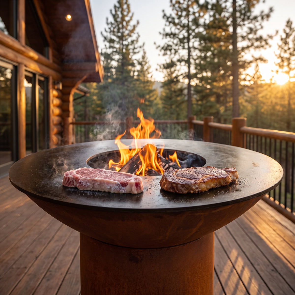 Arteflame wood-fired flat-top grill with round Corten steel base: Thawing Steak vs Grilling Frozen