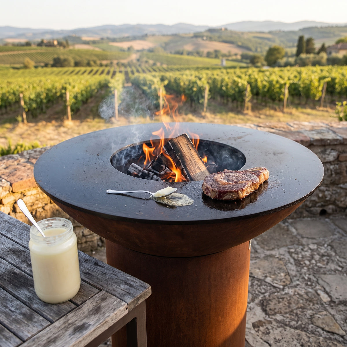 Steak searing in beef tallow on an Arteflame wood-fired flat-top grill with a round Corten steel base