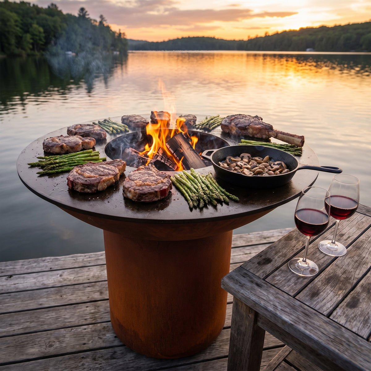 Backyard steakhouse spread of ribeyes and tomahawk on an Arteflame wood-fired flat-top grill with a round Corten steel base