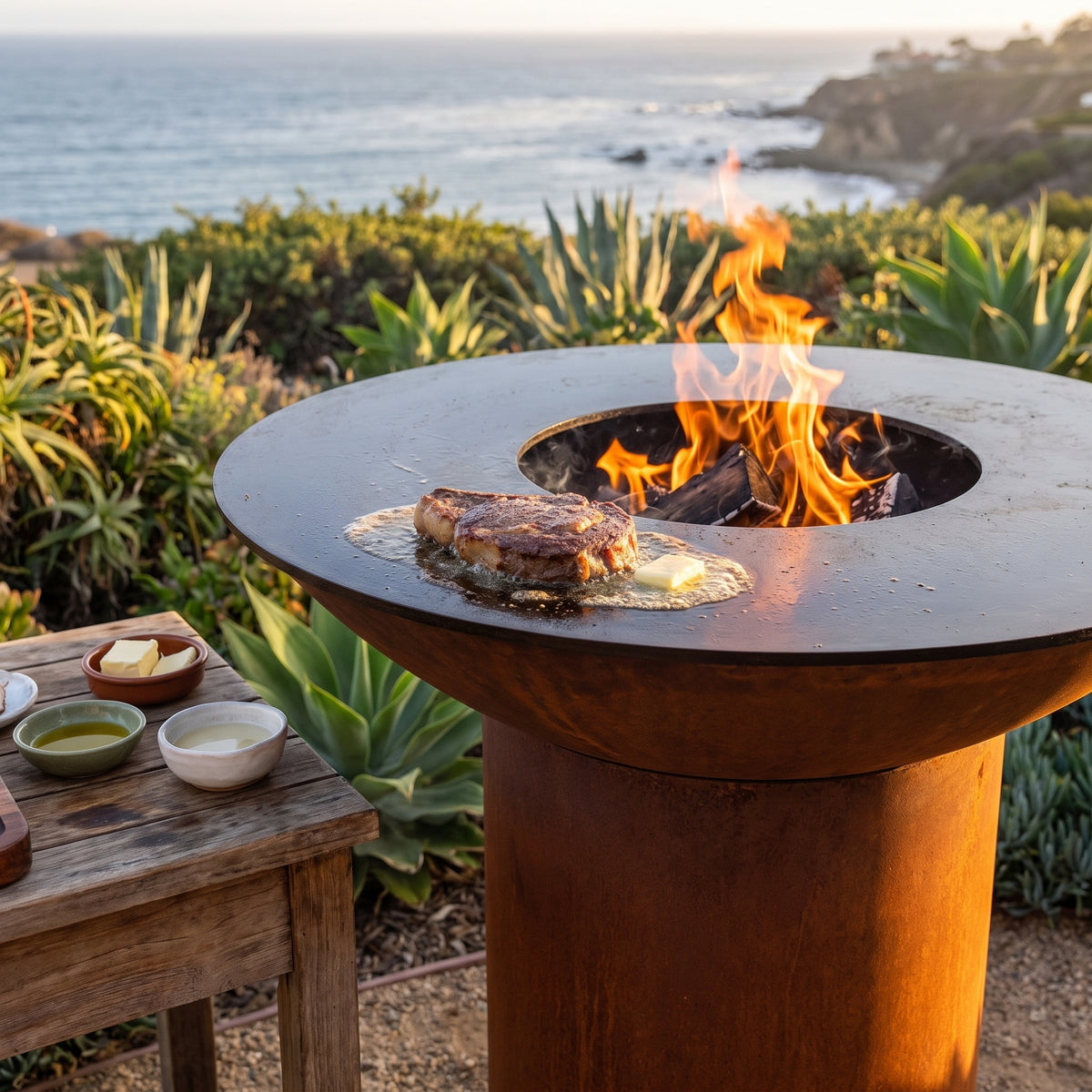 Ribeye searing in butter, olive oil and beef tallow on an Arteflame wood-fired flat-top grill with a round Corten steel base