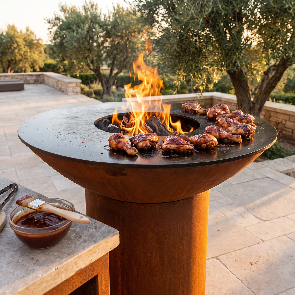 Arteflame wood-fired flat-top grill with round Corten steel base: Grill Juicy BBQ Chicken