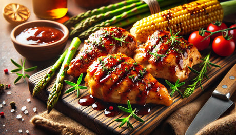 Perfectly grilled BBQ chicken with caramelized sauce, garnished with fresh herbs, served on a wooden board alongside grilled asparagus and corn on the cob.