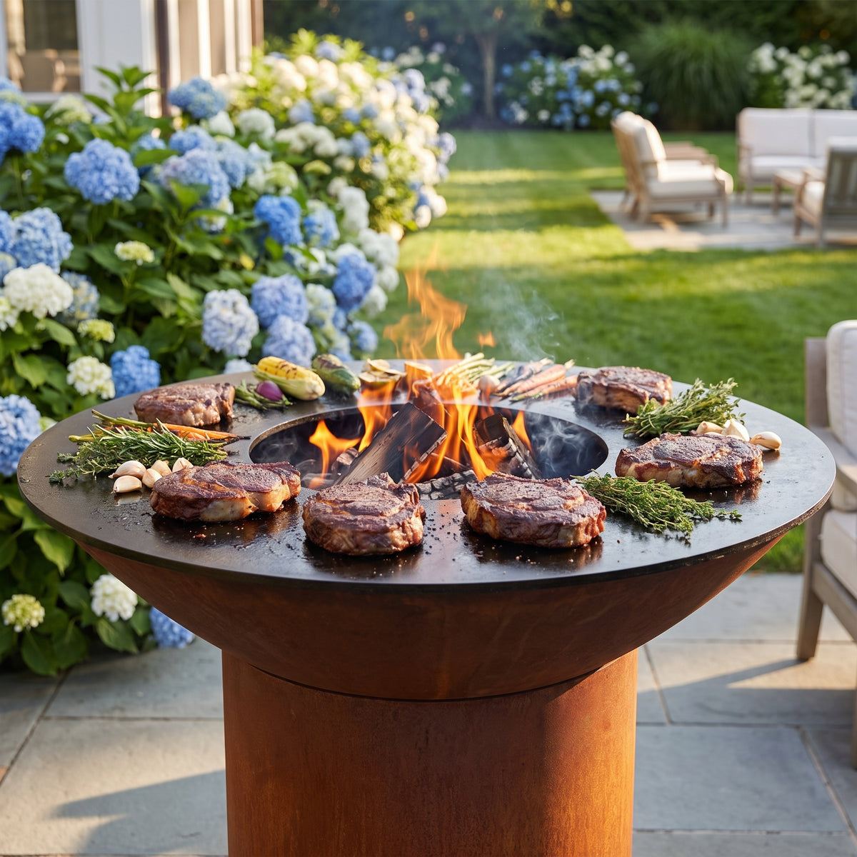 Arteflame wood-fired flat-top grill with round Corten steel base: Grill Steak Like a Pro