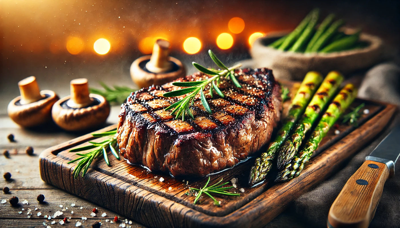 A perfectly grilled steak with seared crust and grill marks, garnished with rosemary, served on a wooden cutting board with grilled vegetables.