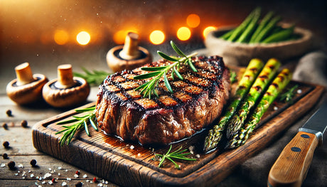 A perfectly grilled steak with seared crust and grill marks, garnished with rosemary, served on a wooden cutting board with grilled vegetables.