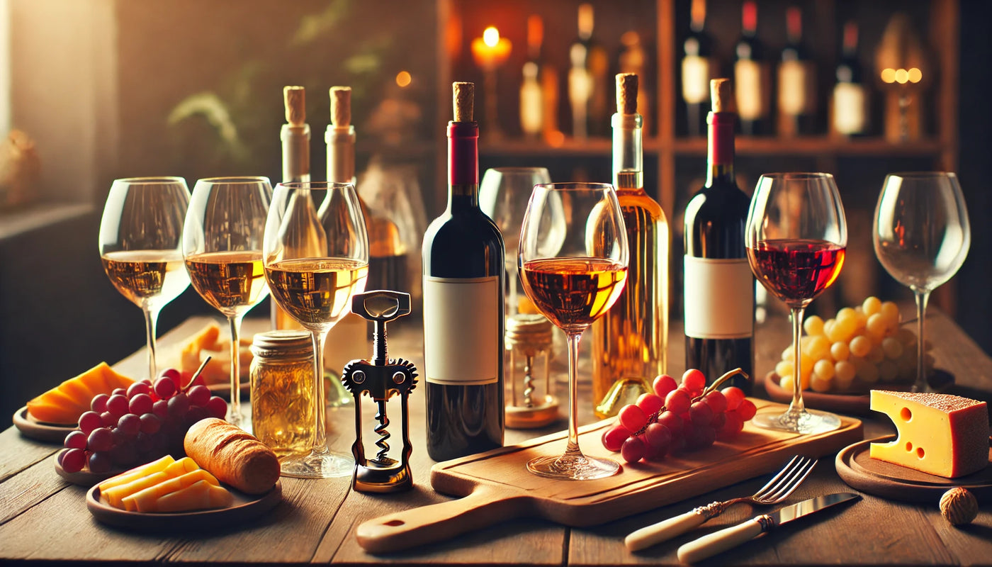 A wooden table with red and white wine bottles, glasses, grapes, cheese, and bread in a cozy, elegant setting.