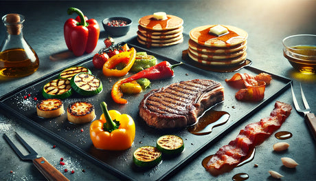 A smooth, flat griddle surface with a seared steak, golden pancakes, sautéed vegetables, and crispy bacon, highlighted under natural light with no visible grill.