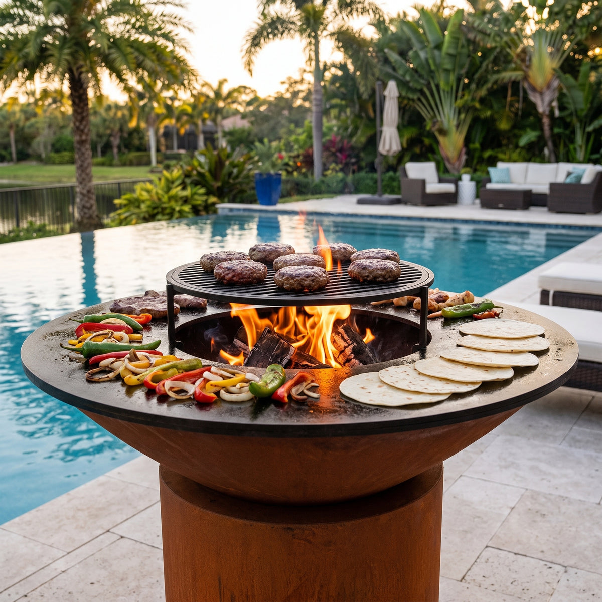 Arteflame wood-fired flat-top grill with round Corten steel base: Weber Spirit Grates Limits