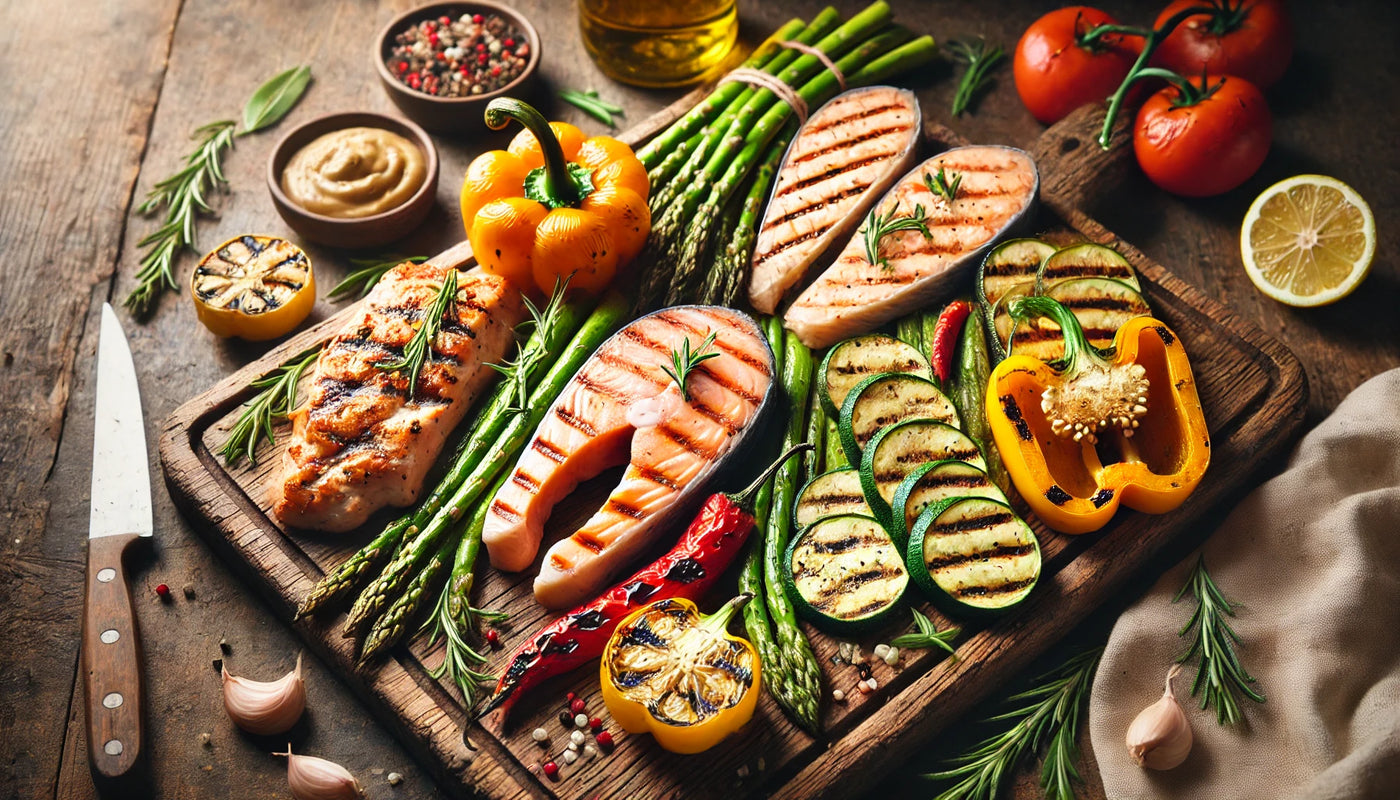 An assortment of grilled whole foods including chicken, vegetables, and salmon on a rustic board with minimal seasoning in an outdoor setting.