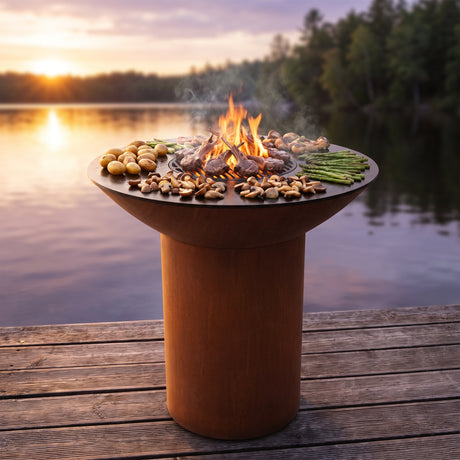 Arteflame wood-fired flat-top grill with round Corten steel base: Aluminum Grill Grates