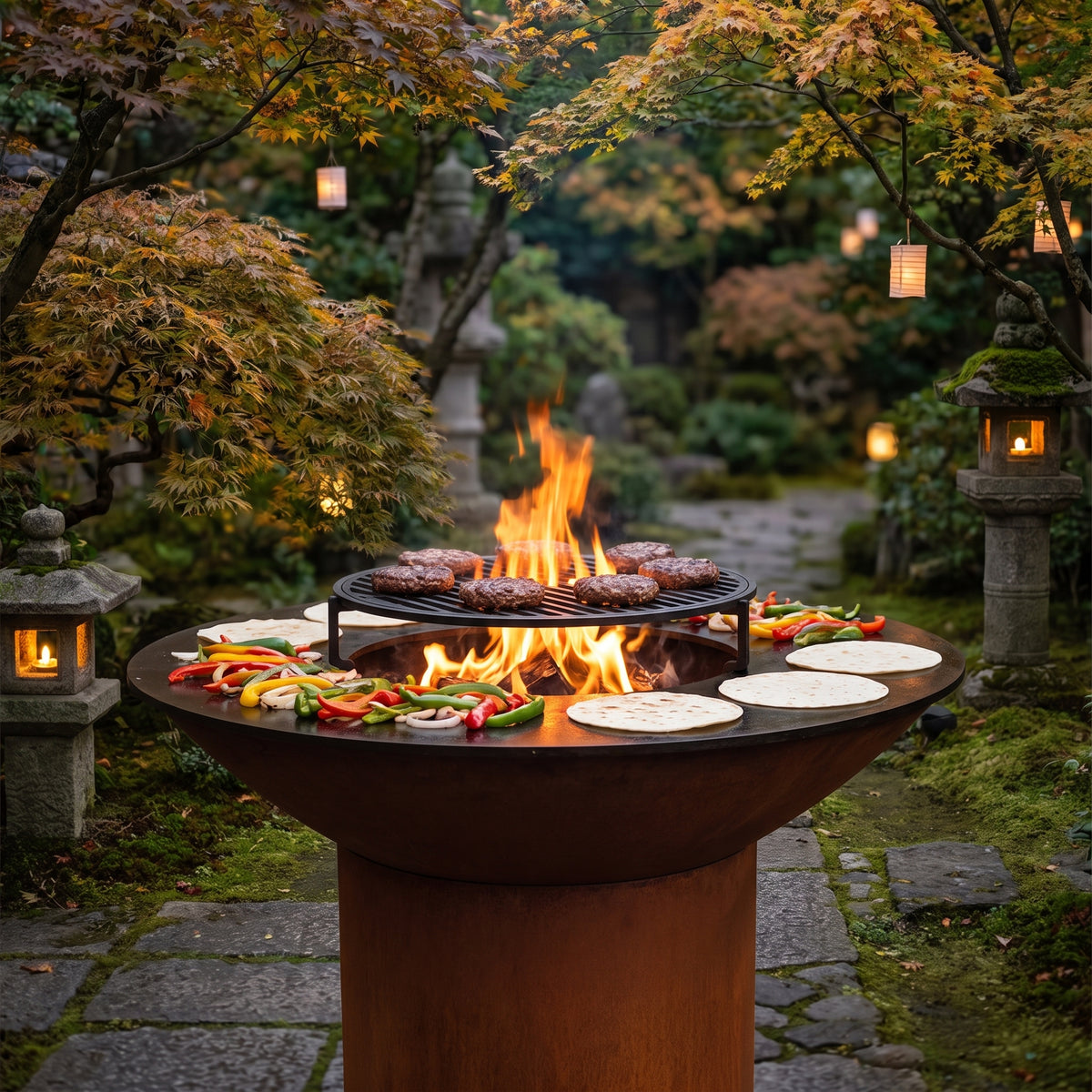 Arteflame wood-fired flat-top grill with round Corten steel base: Cast Iron Grates Limit You