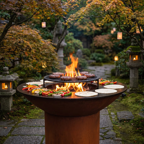 Arteflame wood-fired flat-top grill with round Corten steel base: Cast Iron Grates Limit You