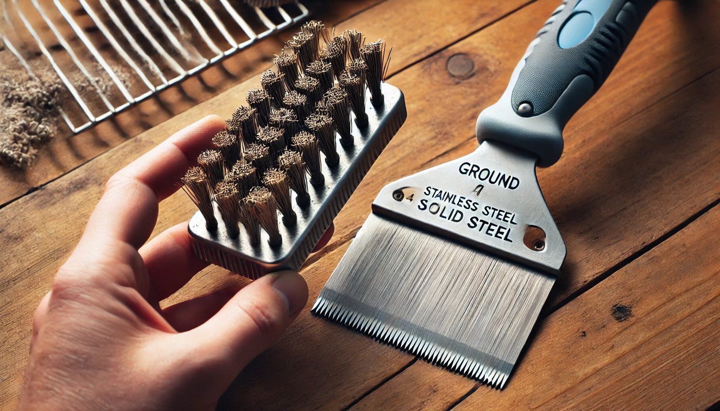 A worn wire brush with loose bristles next to a stainless steel scraper featuring a smooth, polished 4-inch steel blade and ergonomic handle, ideal for grill cleaning.