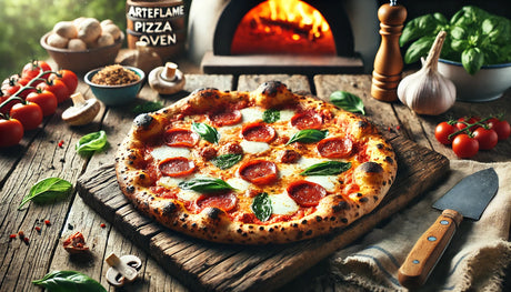 wood-fired pizza recipe, showcasing a perfectly cooked pizza with a slightly charred crust and delicious toppings