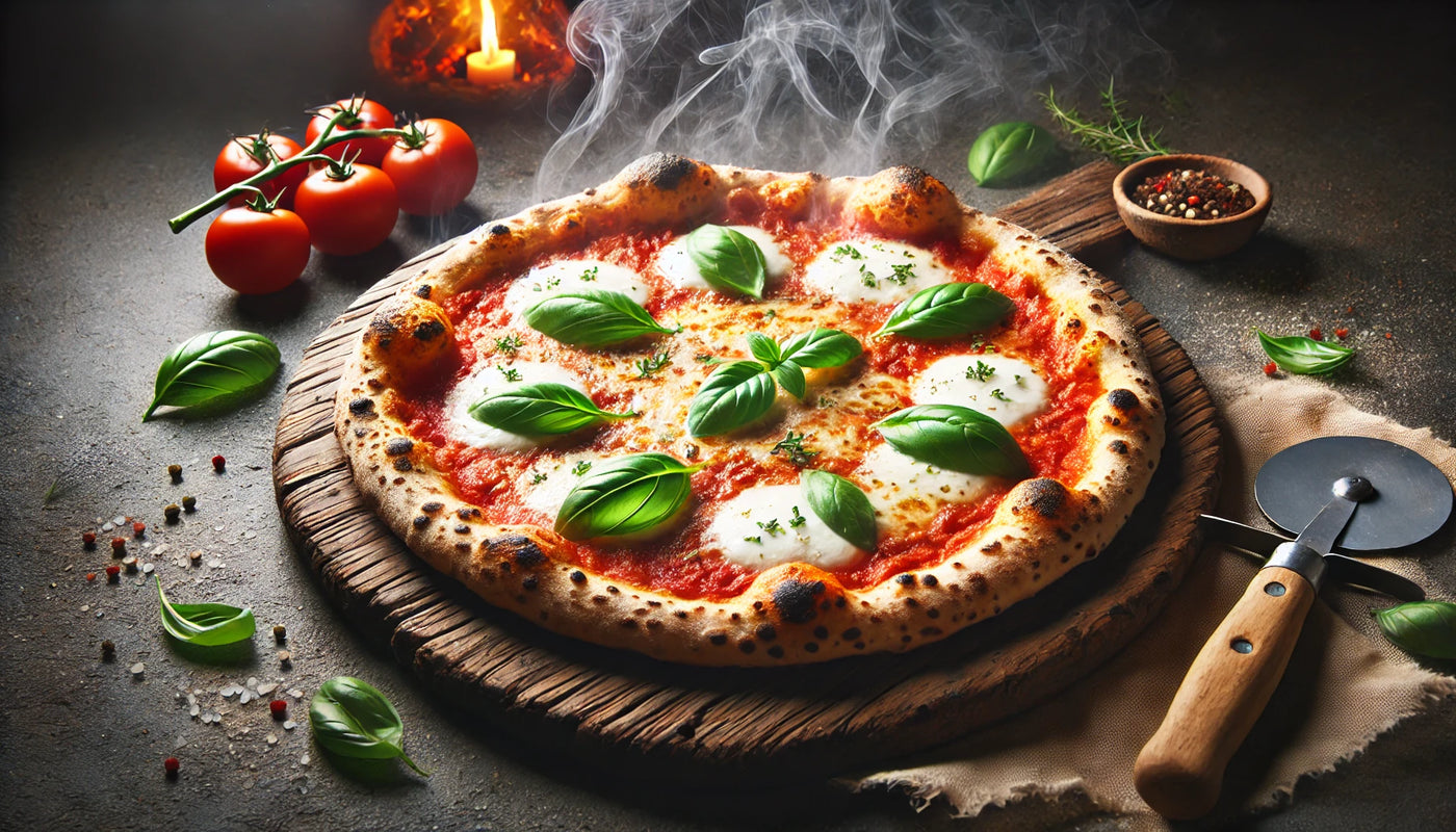 Wood-fired pizza with bubbling cheese, crispy crust, and fresh basil, served on a rustic wooden board with a smoky backdrop.