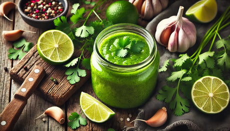 bright and zesty cilantro vinaigrette, with vibrant green tones and fresh ingredients like lime and garlic