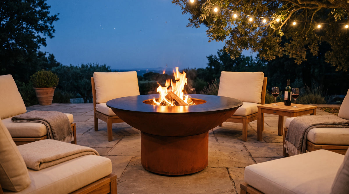 Arteflame grill used as a fire pit on an open stone terrace, well away from the house, with chairs arranged around it