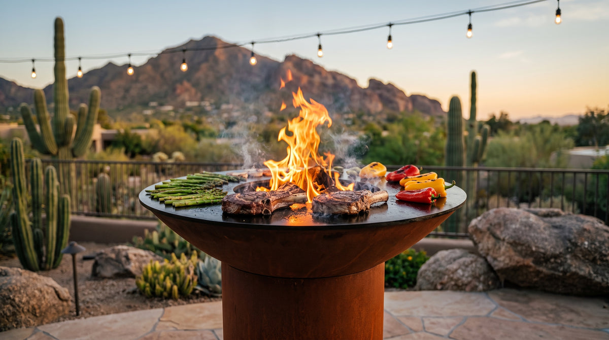 Arteflame Classic 40-inch grill with a round Corten steel base and curved fire bowl, an oak fire burning in the center, two bone-in ribeye steaks searing on the black steel cooktop and vegetables on the outer ring, on a Paradise Valley desert terrace at dusk