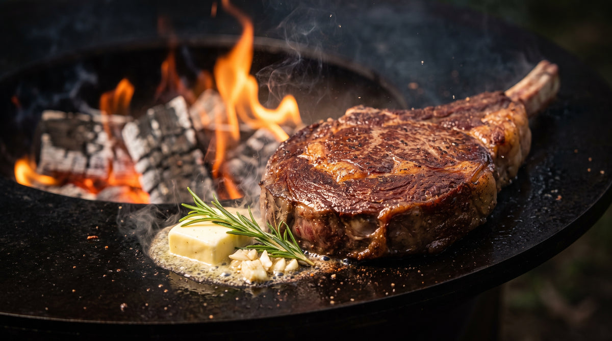 Close-up of a thick bone-in ribeye with a deep mahogany crust searing on a black steel cooktop next to an open wood fire, with butter, rosemary and garlic melting beside it
