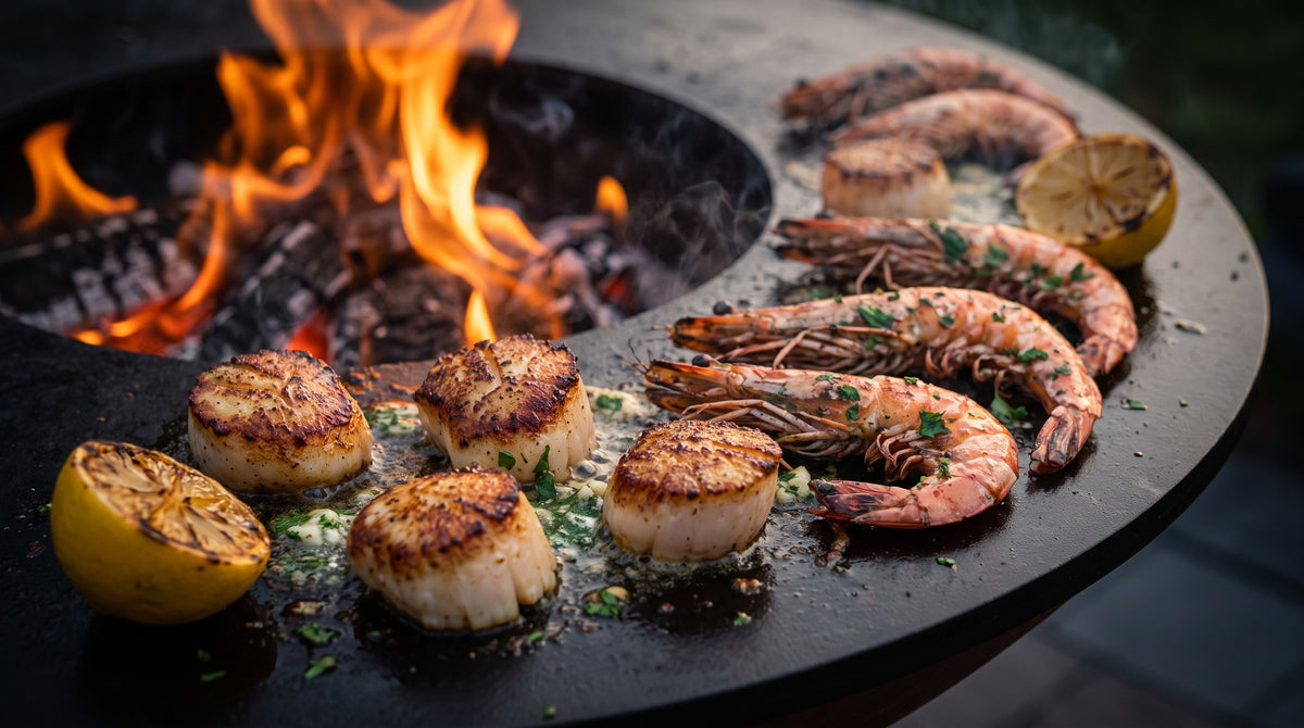 Sea scallops with golden seared crusts and large shrimp cooking on the hot inner edge of a black steel cooktop next to a wood fire, with lemon halves charring nearby