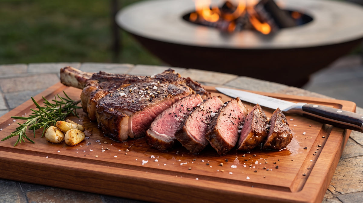Sliced medium-rare ribeye with a dark seared crust and an even pink interior on a cherry wood cutting board, with an Arteflame grill glowing in the background