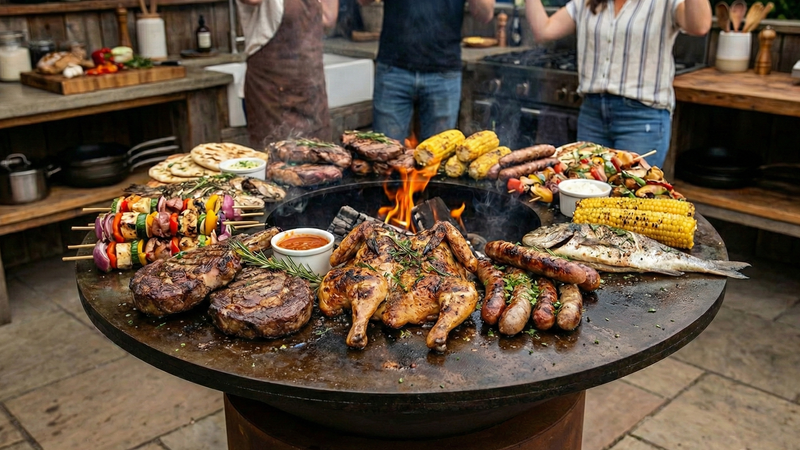 Outdoor grill with various meats and vegetables being cooked, people in the background.