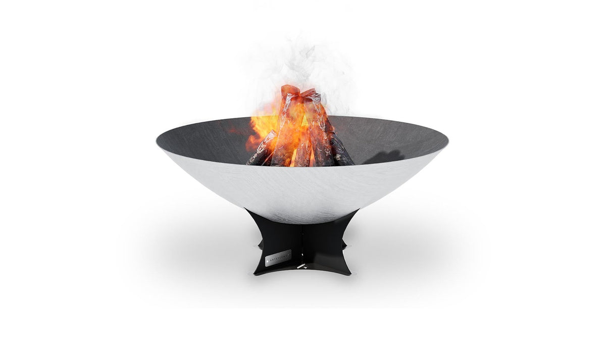 Arteflame 40-inch Platinum Series stainless steel fire pit on a black low Euro base