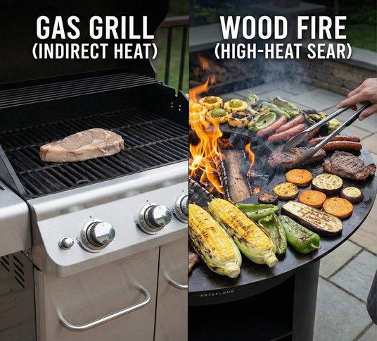 Comparison of gas grill and wood fire grilling methods with text labels.