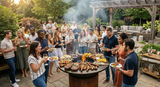 grilling party around the arteflame in upscale backyard