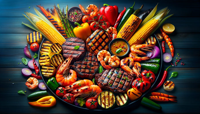 large platter filled with a wide variety of grilled food