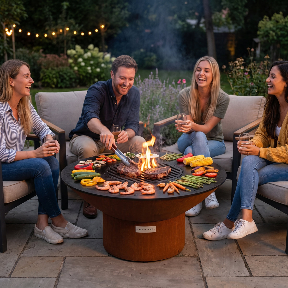 Four friends in low lounge chairs around an Arteflame 40-inch fire pit with cooktop at dusk, one cooking steaks, shrimp and vegetables from his seat