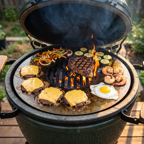 Arteflame Two-Piece Flat-Top Kit on a green kamado grill with smash burgers, shrimp, vegetables and a fried egg on the griddle ring and a ribeye searing on the center grate