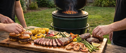 Board of sliced steak, burgers, shrimp, corn and grilled vegetables on a backyard table in front of a kamado grill with the Arteflame flat-top kit