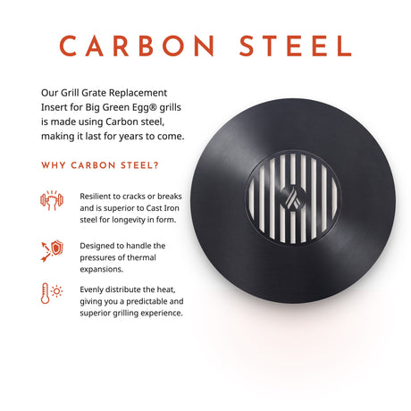 Why carbon steel: the Arteflame flat-top insert for Big Green Egg grills resists cracking, handles thermal expansion and distributes heat evenly