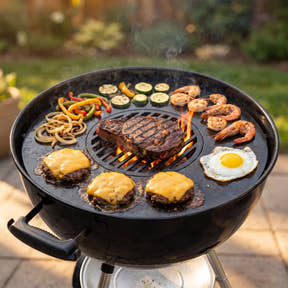 Arteflame Two-Piece Flat-Top Kit in a charcoal kettle grill with smash burgers, shrimp, vegetables and a fried egg on the griddle ring and a ribeye searing on the center grate