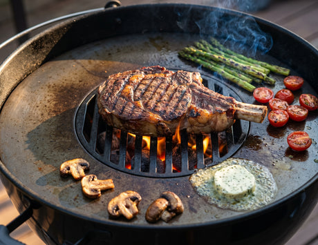 Bone-in ribeye searing on the Arteflame center grill grate, with asparagus, cherry tomatoes, mushrooms and garlic butter on the carbon-steel griddle ring