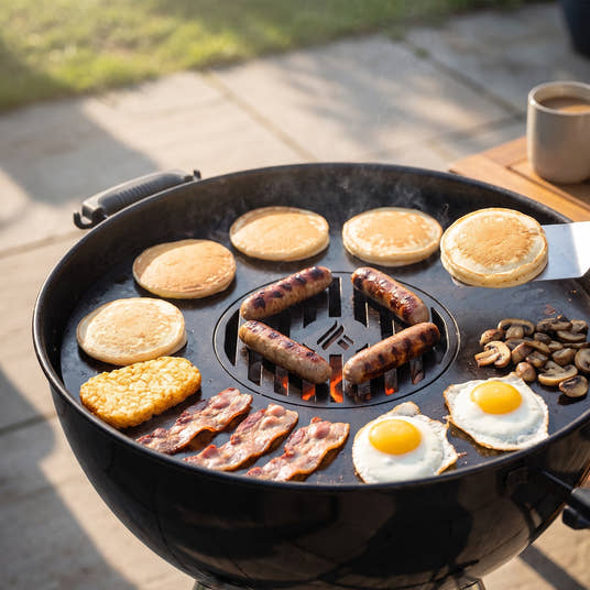 Pancakes, eggs, bacon, hash browns and mushrooms on the Arteflame griddle ring with sausages on the center grate of a charcoal kettle grill