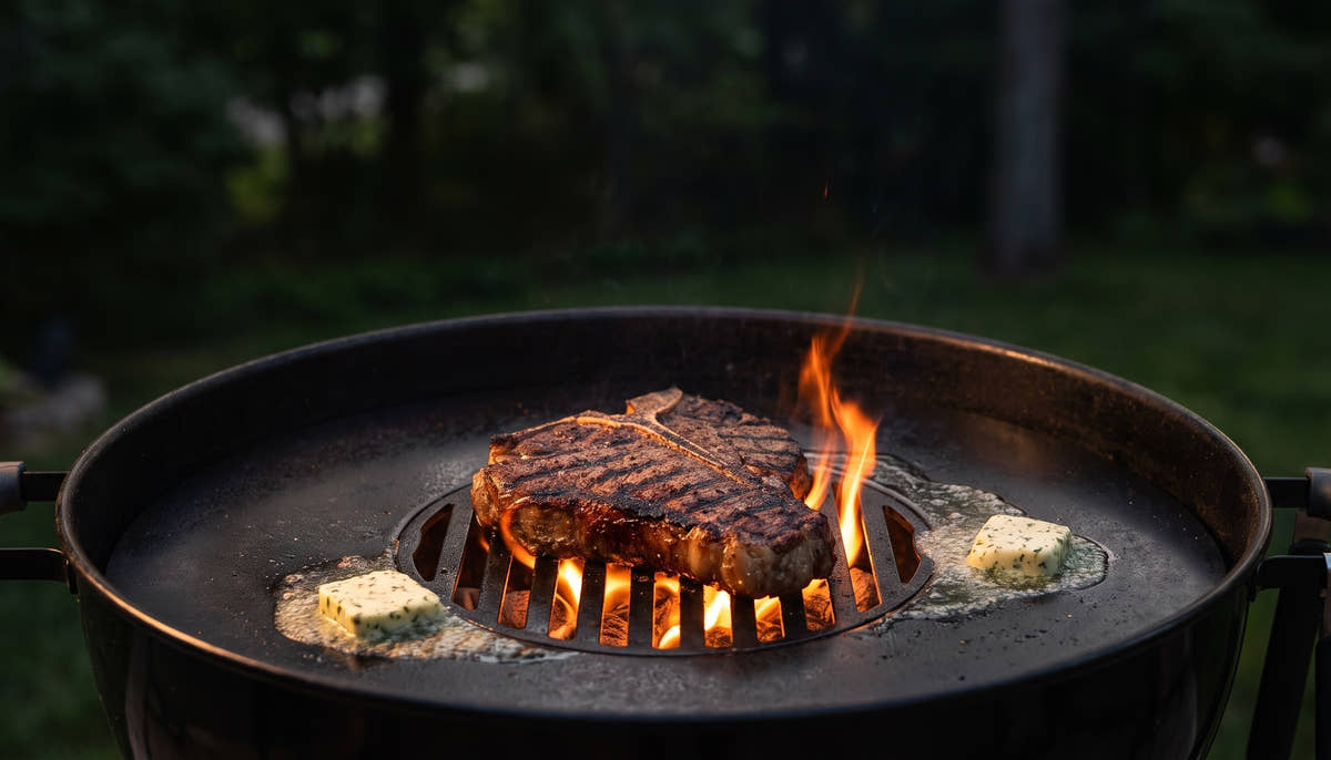 Porterhouse steak searing over open flame on the Arteflame center grill grate in a charcoal kettle grill at dusk