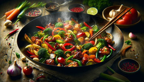 close up of grilled food in a wok on the Arteflame grill