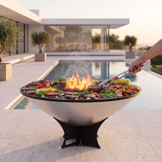 Steaks and vegetables on the Arteflame 40-inch Platinum Series stainless steel fire pit with cooktop beside an infinity pool