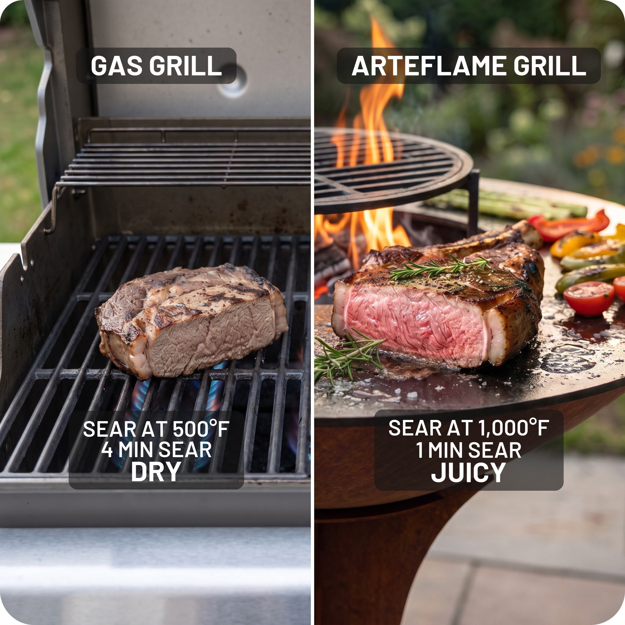 Gas grill vs Arteflame: a dry, overcooked steak seared at 500°F on a gas grill next to a juicy steak seared at 1,000°F on an Arteflame